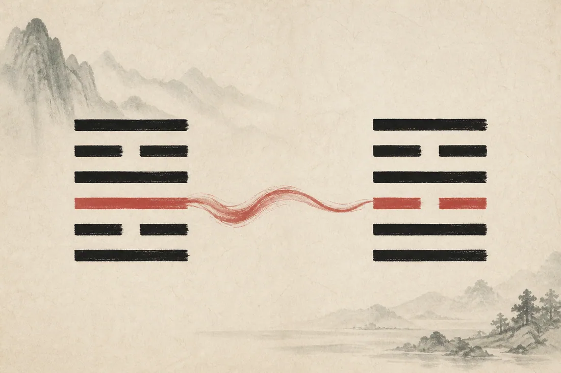 本卦通过动爻转为之卦的水墨示意图